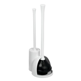 iDesign Una Plastic Toilet Bowl Brush and Plunger Combo Set for Bathroom Cleaning and Storage, White