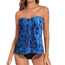 Tempt Me Blue Paisley Two Piece Tankini Bathing Suits for Women Halter Bandeau Swim Top with Bottom Flyaway Tummy Control Swimsuit L