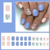 24Pcs Flower Press on Nails Short Square Fake Nails Blue