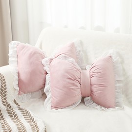 Yousoontic 2 Pcs Bow Pillow 15.7 * 12.6 in Pink Coquette Throw Pillow Cute Bow Shaped Cushion Velvet Plush Lumbar Decorative for Girls Room Bed Sofa Couch Car