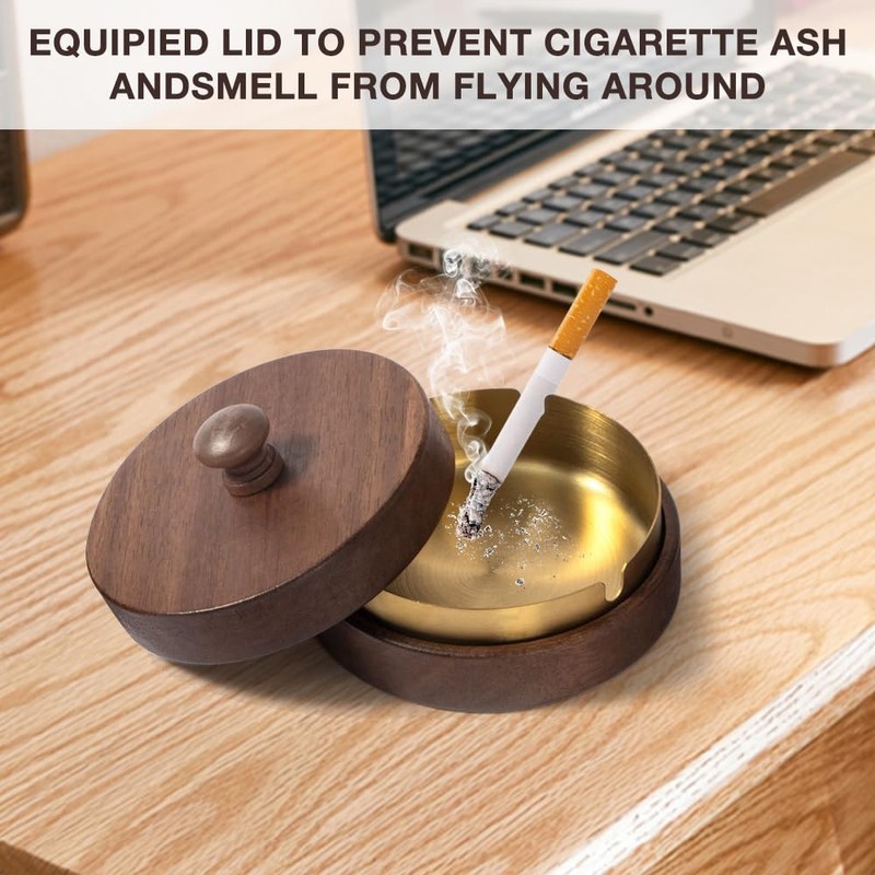 DAJASD Ashtray with Lid, Stainless Steel Walnut Windproof Ashtray Anti-Fly