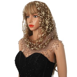 Ursumy Lace Mantilla Veils Triangle Lace Veil Catholic Church Veils Infinity Chapel Veil Tulle Scarf Head Covering Latin Mass (Brown)