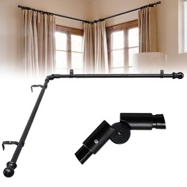 Corner Curtain Rod for Windows 1 Inch Heavy Duty Metal L Shaped Curtain Rod for Corner Window 32-134” Adjustable Long Rods with Decorative End Black