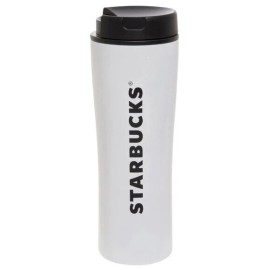 Starbucks 16 Oz White Steel Vacuum Coffee Tumbler With Black Swivel Lid