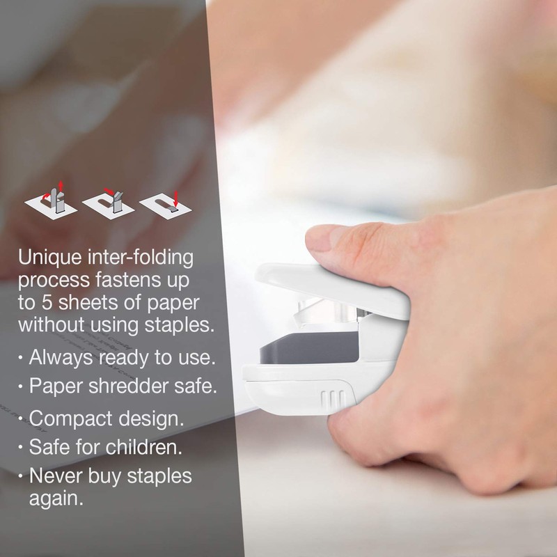 Plus Paper Clinch Compact Staple-Free Stapler, Ivory White