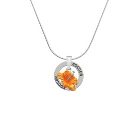 Delight Jewelry Silvertone Hot Orange Hibiscus Flower - Soccer Ring Charm Necklace, 18"