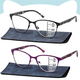 SUNAMOY Progressive Multifocal Reading Glasses Women Cat Eye No Line Multifocus Transition Blue Light Reader Lady Spring Hinge Metal Frame (Black+Purple, 2.5 Diopters)
