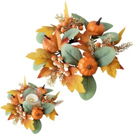 Artificial Maple Leaves Berries Pumpkin Candle Rings Thanksgiving Fall Maple Leaves Pumpkin Candle Holder Wreath Farmhouse Centerpieces for Thanksgiving Home Decoration