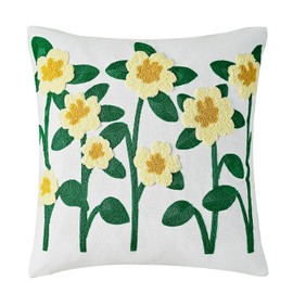 Yellow Rose Flower Embroidered Cushion Covers, Colourful Decorative Floral Square Throw Pillow Covers for Farmhouse Living Room Bedroom Sofa Home Decor Art 45 x 45 cm
