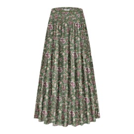 LiCot Women's Flowy Maxi Skirt Boho Summer Beach High Waisted Casual A-Line Pleated Long Skirts with Pockets(Grayish Green Floral, XL)