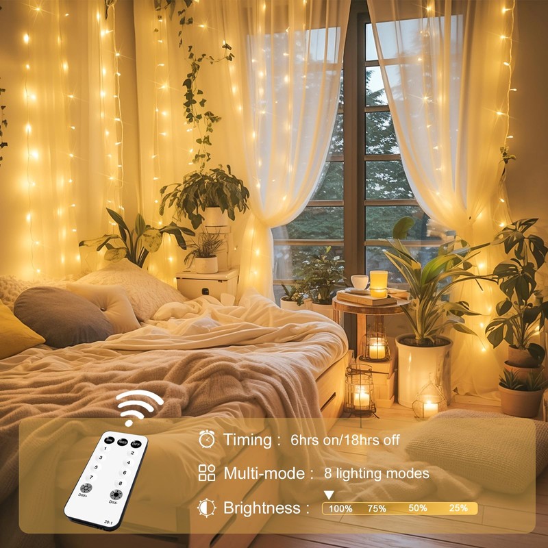 JMEXSUSS 300 LED Remote Control Curtain Lights, Plug in Fairy