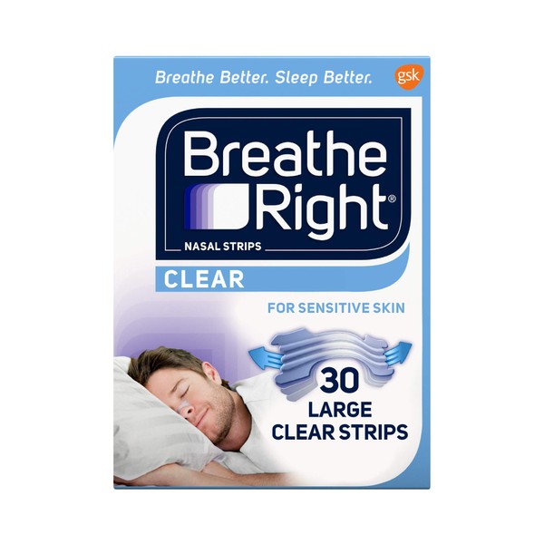 Breathe Right Nasal Strips to Stop Snoring, Drug-Free, Large, Clear for Sensitive Skin, 30 count ( Pack of 2)