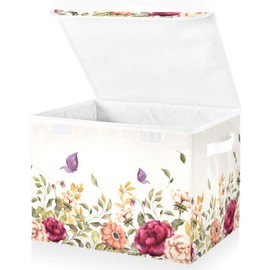 Tatenale Collapsible Storage Bins with Lids Decorative Fabric Storage Cubes Closet Organizer and Storage Basket Boxes Containers for Clothes Box Chest Folding Rectangle Floral Retro Style
