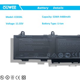 OUWEE CC03XL Laptop Battery Compatible with HP ZBook Firefly 14 G7 G8 EliteBook 830 835 840 845 G7 G8 Series HSTNN-DB9Q L77608-2C1 HSTNN-IB9F L77608-1C1 HSTNN-LB8Q L77608-421 L78555-005 53Wh(Shape-A)