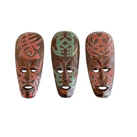 OMA Set of (3) Wooden Hand Crafted African Wall Sculptures Tribal Tiki Mask Wall Art For Home Decor And Gift Tribal Design (Luck And Fortune)
