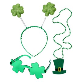 Funny World St Patricks Day Accessories Shamrock Headband Green Glasses and Clover Necklace, One Size
