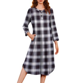 Ekouaer Women's Plaid Flannel Nightgowns Full Length Sleep Shirts Casual Button Up Lounger Dress with Pockets Black Plaid XLarge