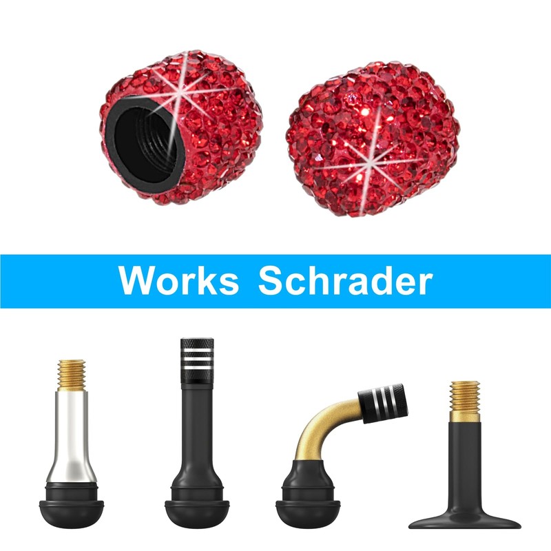 HZJD Tire Valve Stem Caps, Handmade Crystal Rhinestone, Red(4 Pack)