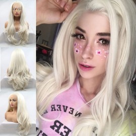 Platinum Blonde Wig White Hair Lace Front Wigs for Women Long Wavy Pre Plucked Hairline Loose Wave Glueless Lace Wig High Temperature Fibre Synthetic Lace Front Wig