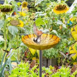 MeyRolizn Metal Flower Bird Bath for Outside, Small Hummingbird Bath Bowl Detachable Birdfeeder Bowl Garden Decor for Outdoor Yard Lawn (2PCS-Yellow-Green)