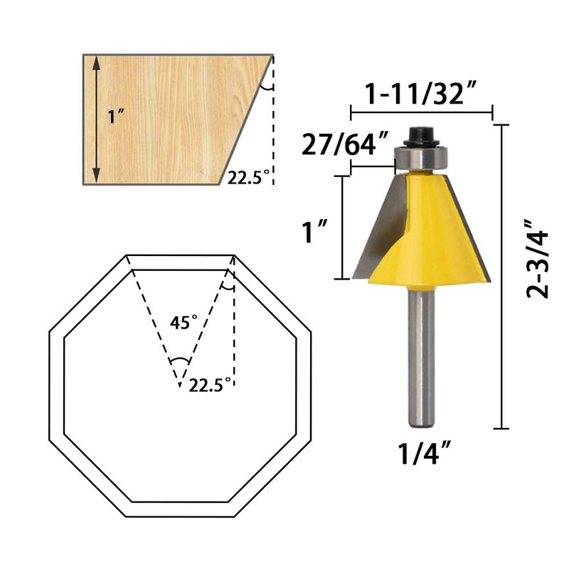 Wolfride 3Pcs Chamfer Router Bit Set 1/4 Inch Shank Bevel