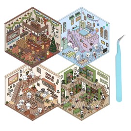 Cosmeria 4 Sets DIY 3D House Sticker Set Type A Supermarket Coffee House Bookshop Restaurant + 1 Tweezers Creative Scene Fun Stacking