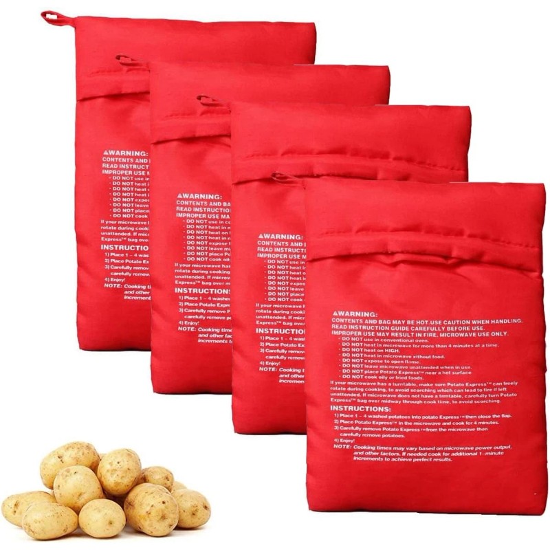 VASANA 4PCS Reusable Microwave Potato & Corn Cooker Bags, Red,