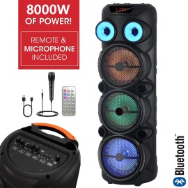 8000W Portable Karaoke Party Speaker 3*8in Woofers  Lasting Battery w/Wired Mic