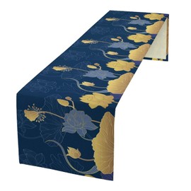 ShiTingYu Chinese Lotus Table Runner, Traditional Culture Floral Elegant Oriental Line Art Abstract Table Runner for Kitchen Living Room Home Bedroom Dinner Set, Blue Golden 13x36 Inch