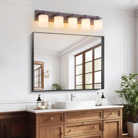 BrkNit 5 Light Modern Bathroom Light Fixtures Over Mirror, Bronze Finish Vanity Lights for Bathroom Wall Sconces with Milky White Glass Shades, E26 Socket (Bulbs Not Included)