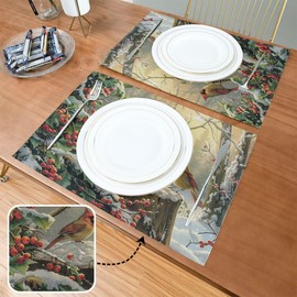 Wamika Winter Cardinal Birds Placemats Set of 4 Holly Berry Snow Table Mats Burlap Placemat Christmas Decorations Washable Non-Slip Heat Resistant Place Mats for Party Kitchen Dining 12 X 18 in