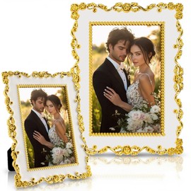 Lineshading 2 Pcs 5 x 7 Inch Picture Frames Gold Vintage Antique Wedding Ornate Resin Rectangle Elegant Photo Frames for Wedding Tabletop Display Home Hotel Decorations