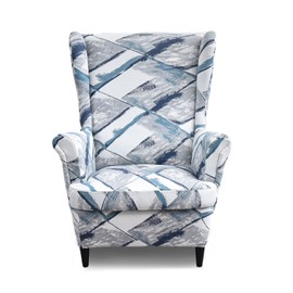 Jusmate Wing Chair Slipcovers 2 Pieces Printed Wingback Chair Covers Armchair Covers Stretch Spandex Sofa Slipcover with Elastic Bottom for Living Room Bedroom Dining Room (Blue/Grey)