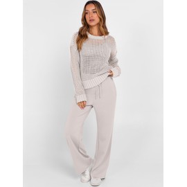 ANRABESS Womens 2 Piece Outfits Crochet Sheer Knit Sweater Top Wide Leg Pants Lounge Sets Sweatsuit 2025 Fall Travel Clothes Light Khaki Medium