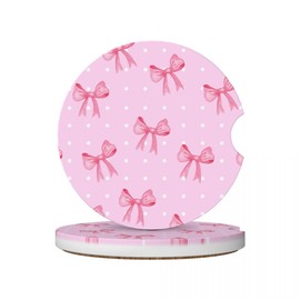 Pink Bow Dot Car Coasters for Cup, Absorbent Ceramic Cork Base Drink Coasters with Finger Notch Auto Accessories Gifts 2.56" 2 Pack