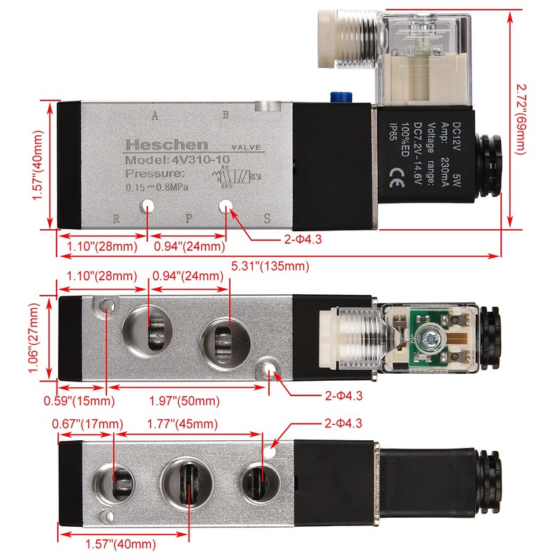 heschen Electric Pneumatic Solenoid Valve 4V310-10 12VDC PT3/8 5 Way