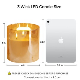 Eywamage 3 Wick Gold Glass Flameless Candle with Remote, Large Flickering LED Battery Pillar Candle Φ 6" H 6"