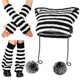 Silicherry Y2k Beanie Cat Crochet Hats Cat Beanie Accessories with Kawaii Leg Cover for Women Girls(Black,White)