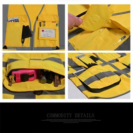 ZUJA Safety Vest High visibility reflectivemulti pockets workwear waistcoat, Gold, Small