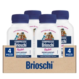 4x Brioschi Pocket Compresse Masticabili Digestivo Frizzante e Dissetante al Gusto Limone - 4 Barattoli da 30 Compresse Masticabili