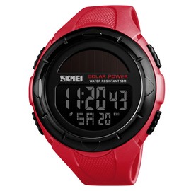 FANMIS Men's Solar Powered Casual Quartz Wrist Watch Analog Digital Multifunctional Black Sports Watch (X Red)