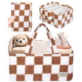 Toodly Checkered Diaper Caddy Organizer with Portable Changing Mat - Teddy Fleece Diaper Organizer for Changing Table - Caddy Organizer with Removable Dividers - Light Taupe and White