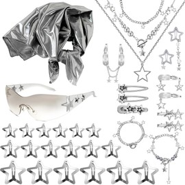 GIFIKOI Y2k Accessories Set Silver Star Necklace Y2K Bracelet Grunge Jewelry Set Sunglasses Star Hair Clip Y2k Silver Headscarf Aesthetic Vintage Jewelry Set for Women