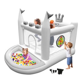 Easyair Inflatable Bounce House for Kids Ages 3-8, 5 in 1 Small Bouncy Castle Outdoor, Jumper, Ball Pit, Basketball Hoop, Rings, Target Game Pump Included, White