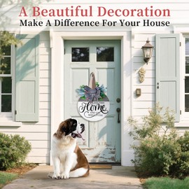 Welcome Sign for Front Door with Artificial Wreaths and Bow Decor Farmhouse 3D White Wooden Hanging Plaque Rustic Porch Door Decoration Round Home Sign Outside for All Seasons 12" x 12" Size