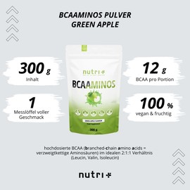 BCAA Powder Green Apple - Amino Acids Complex High Dose - BCAAs Instant Powder Vegan - BCAAminos Supplement - Green Apple Flavour 300 g - Amino Acid Preparation