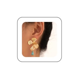 Xduargs Boho Turquoise Leaf Drop Earrings Vintage Turquoise Leaf Earrings Gold Leaf Flower Earrings Blue Turquoise Bead Earrings Jewelry for Women and Girls