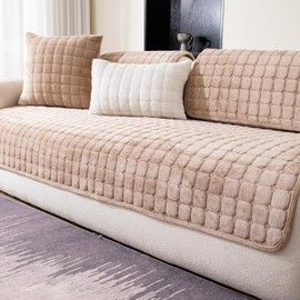 MDSASFD Velvet Couch Cover, Washable Sectional Sofa Cover, Anti Slip Sofa Slipcovers for 3 Cushion Couch Sofa L Shaped Recliner, Furniture Protector Covers for Pets Kids(Khaki, Only 1 PCS)