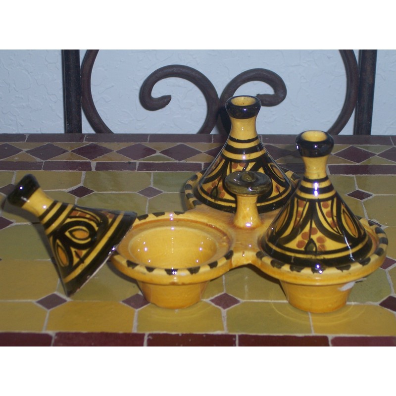 Handmade Moroccan Ceramic Triple Tagine Yellow Spice Holder