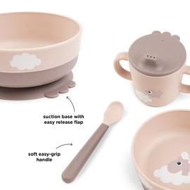 Done by Deer Foodie First Meal Set Happy Clouds Powder for Babies & Toddlers - 100% Food Grade PP/BPA-Free - Toddler Bowl, 2-Handle Cup & Spoon, Bowl with Suction Base, Safe for Kids, Easy to Clean